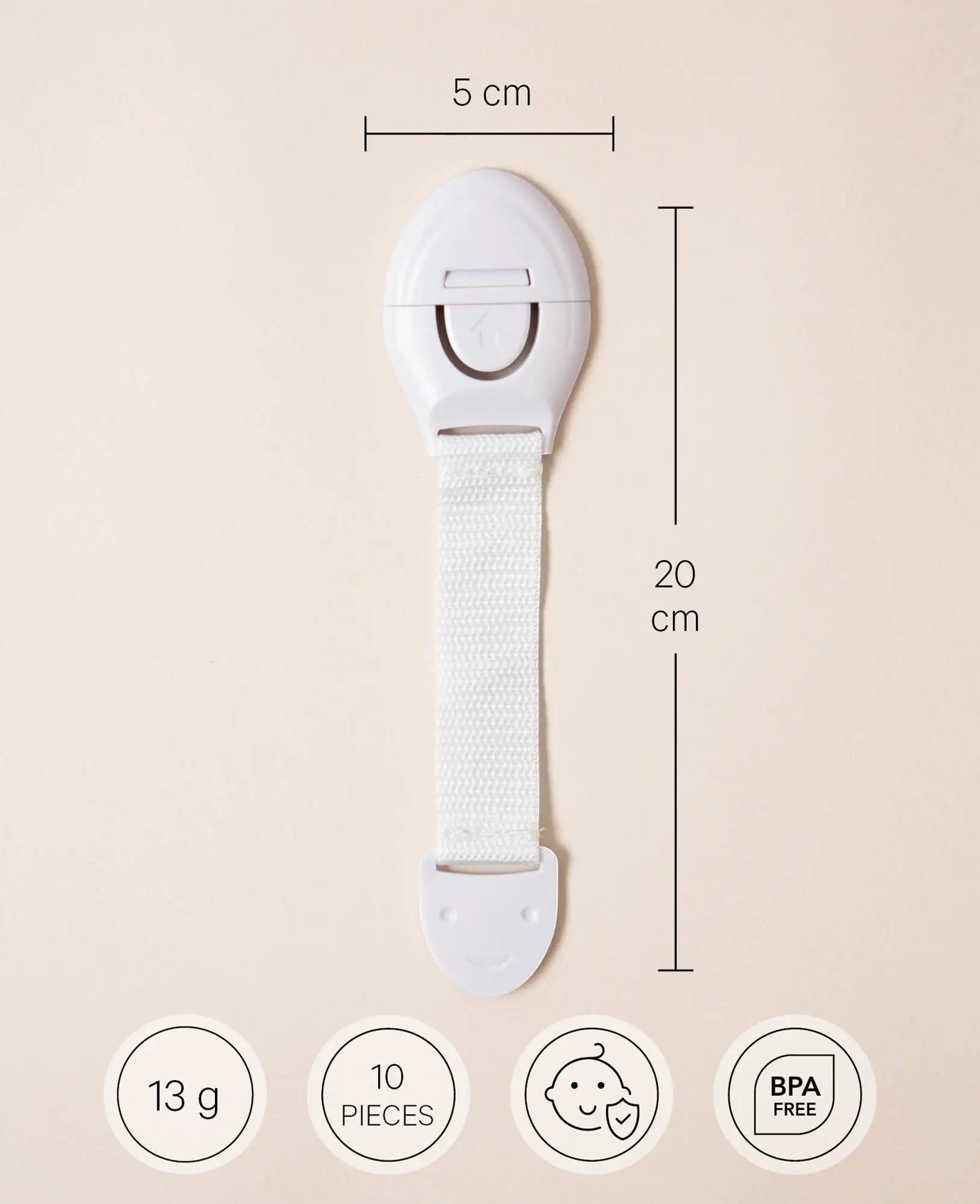 10 Stück Kindersicherungen / Schranksicherungen für Schränke und Schubladen, mit flexiblem Nylon Band, Weiss