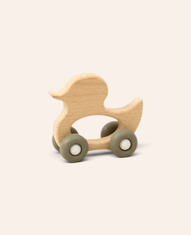 Holzente Beisspielzeug auf Rädern aus Buchenholz und Silikon, 9.5 cm