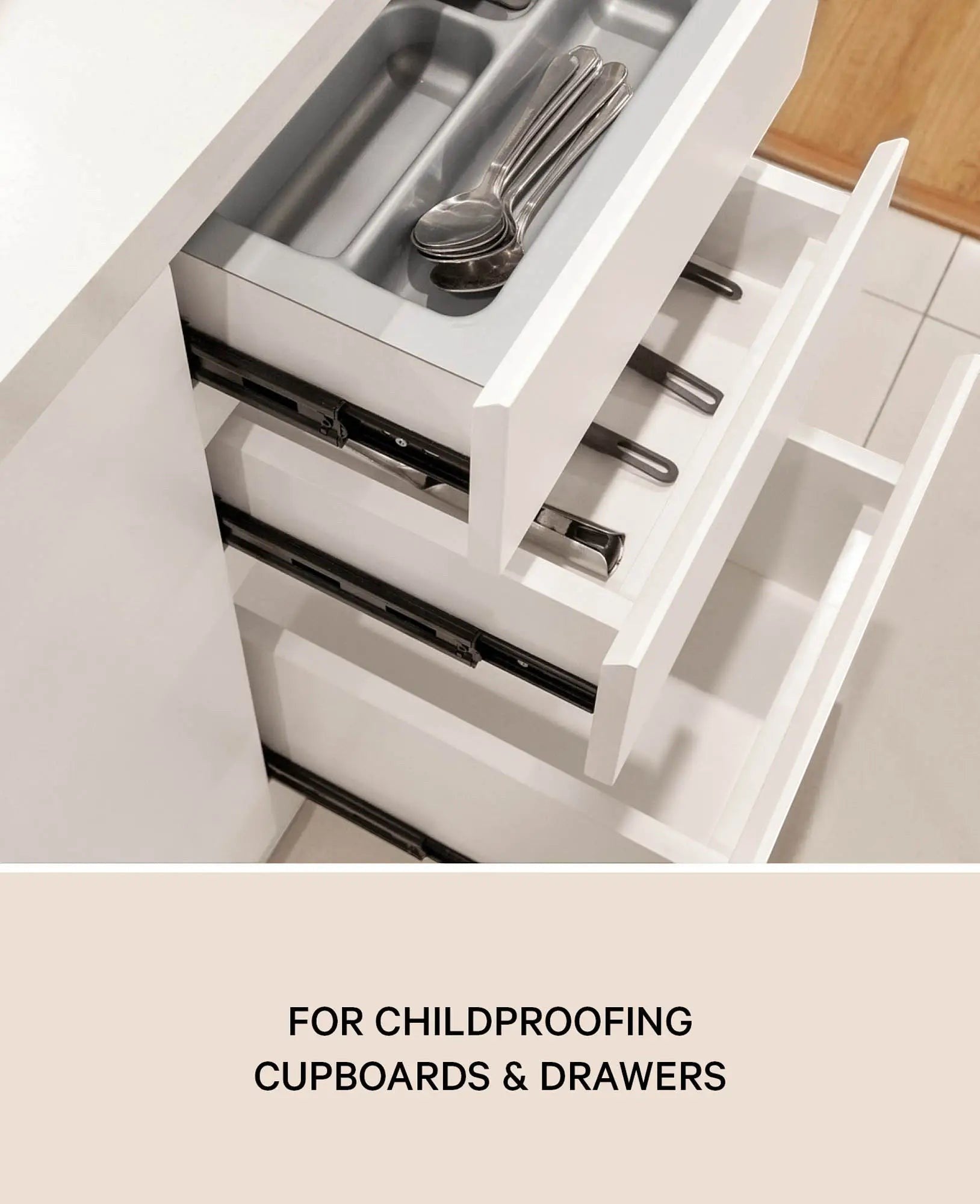 10 Stück Universal Baby / Kindersicherungen für Schränke und Schubladen, weiss