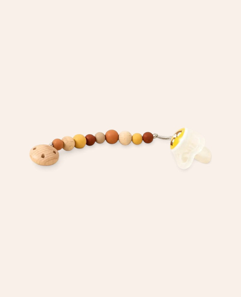 Nuggikette / Schnullerkette "Sienna" in Gelb- /Rottönen, aus Holz und Silikon, 23 cm