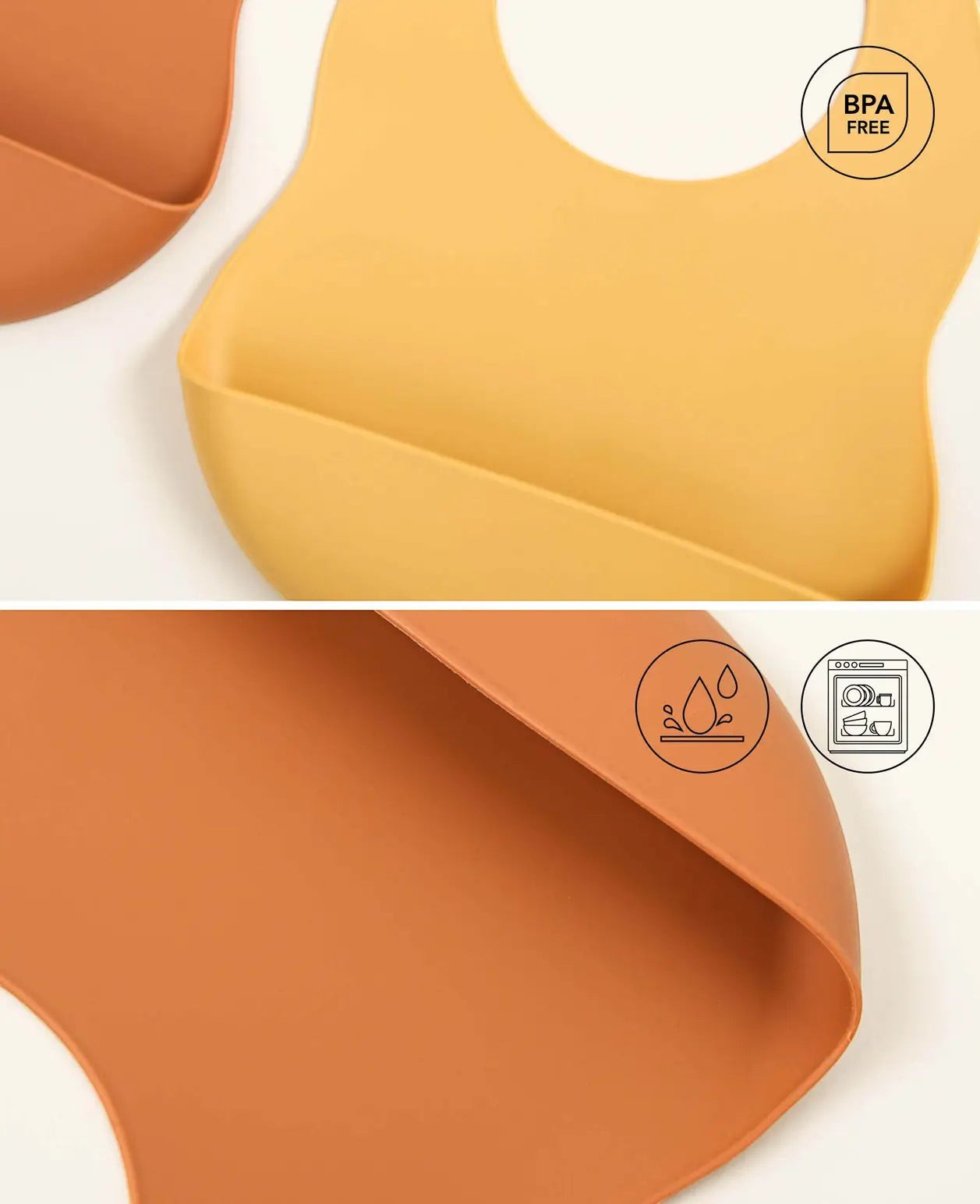 2er Pack Lätzchen aus Silikon mit Auffangschale, grössenverstellbar, gelb und rot, Ø 11 cm