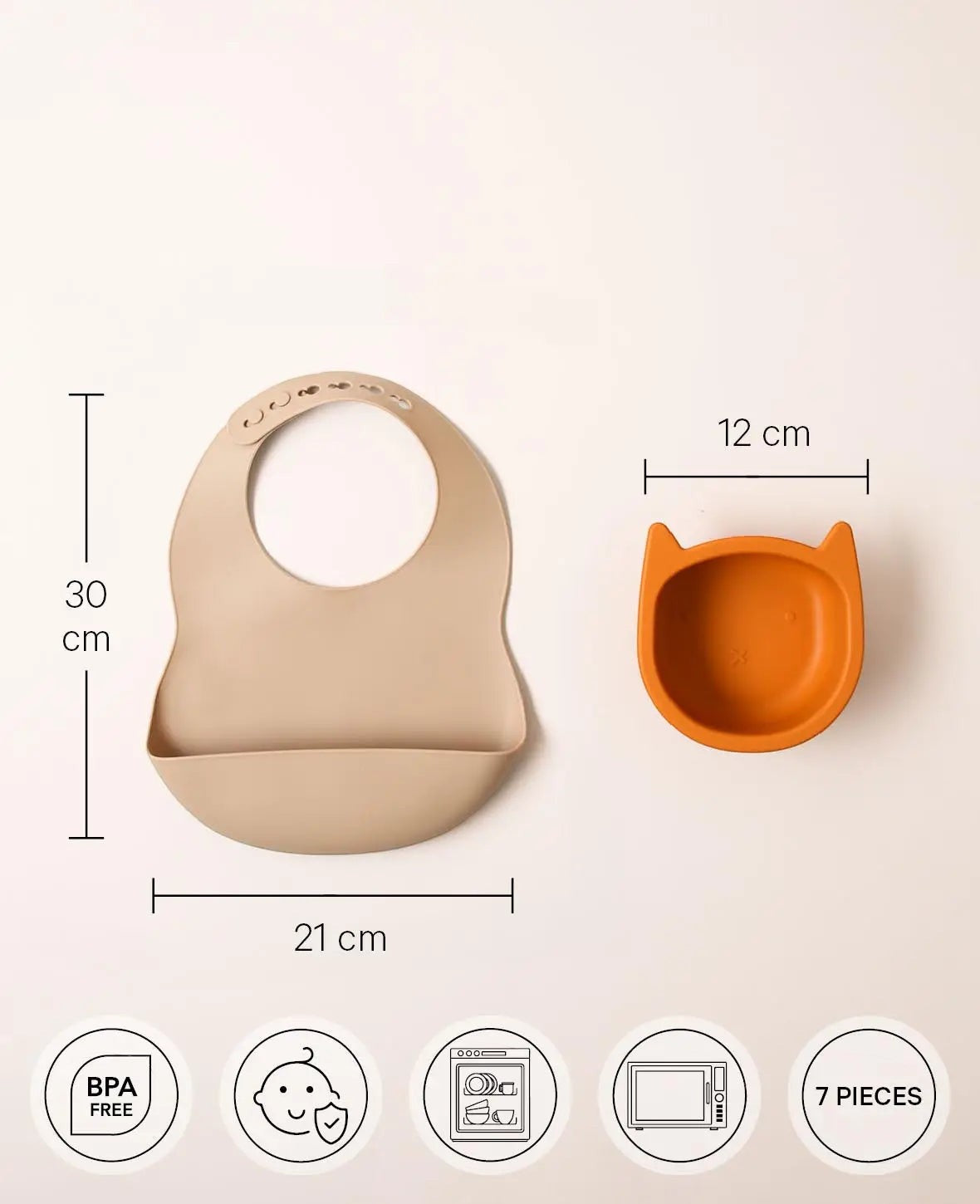 Kinder Geschirrset "Katze", aus Silikon in Grün/Beige/Grau, mit Tellern, Besteck, Becher, Tischset und Lätzchen