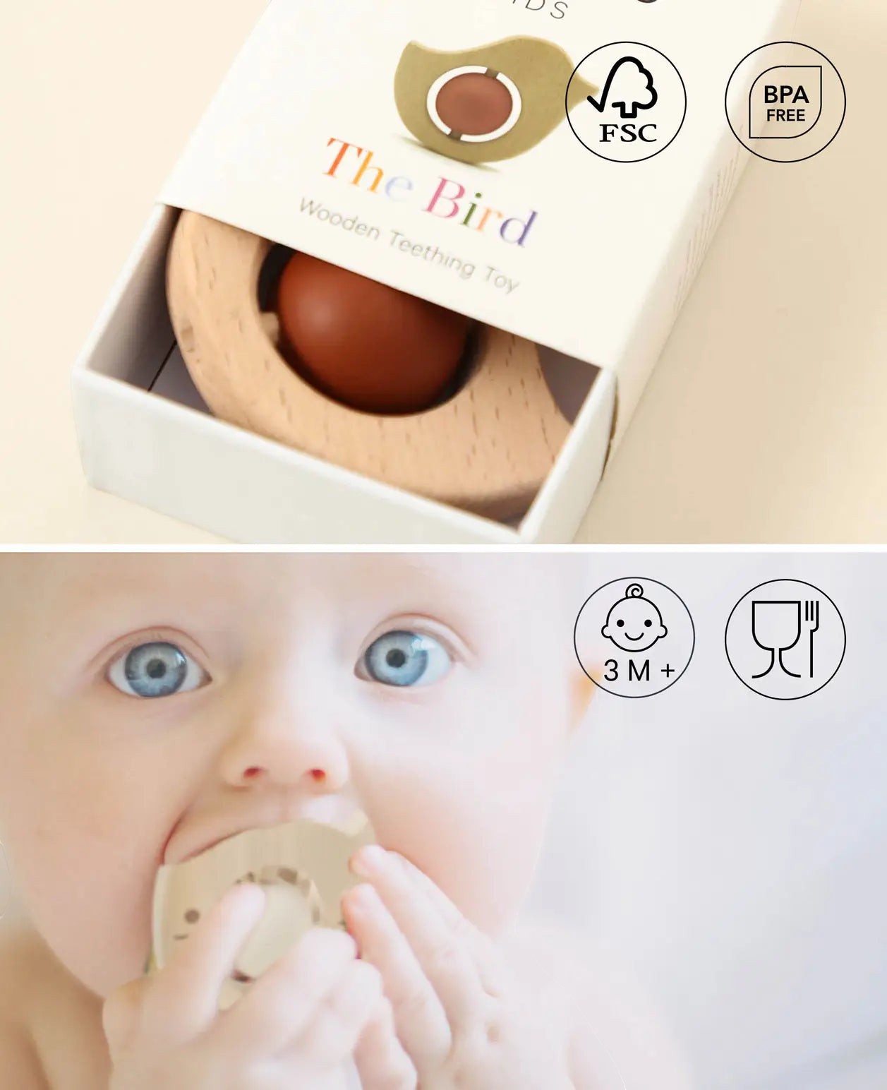 Vogel Beissring aus Buchenholz und Silikon für Kinder ab 3 Monate