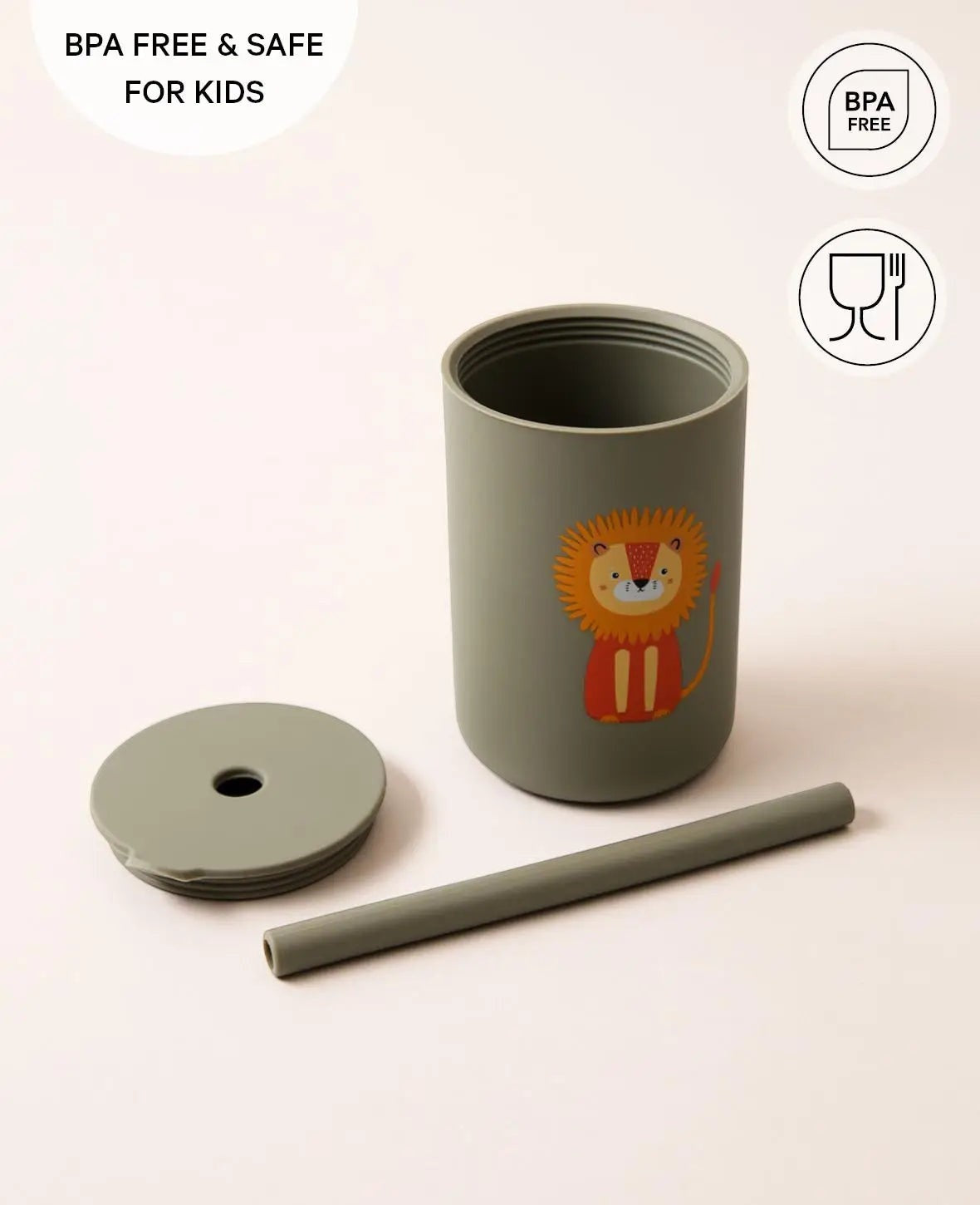 Kinder Trinkbecher "The Mini Sippi" mit Strohhalm und Löwen Aufdruck, aus Silikon in Khaki, 180 ml