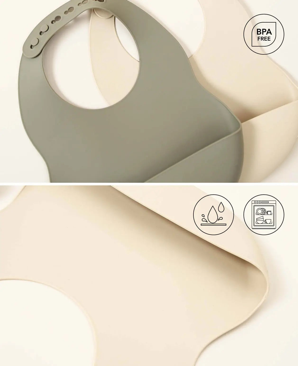 2er Pack Lätzchen aus Silikon mit Auffangschale, grössenverstellbar, grau und beige, Ø 11 cm