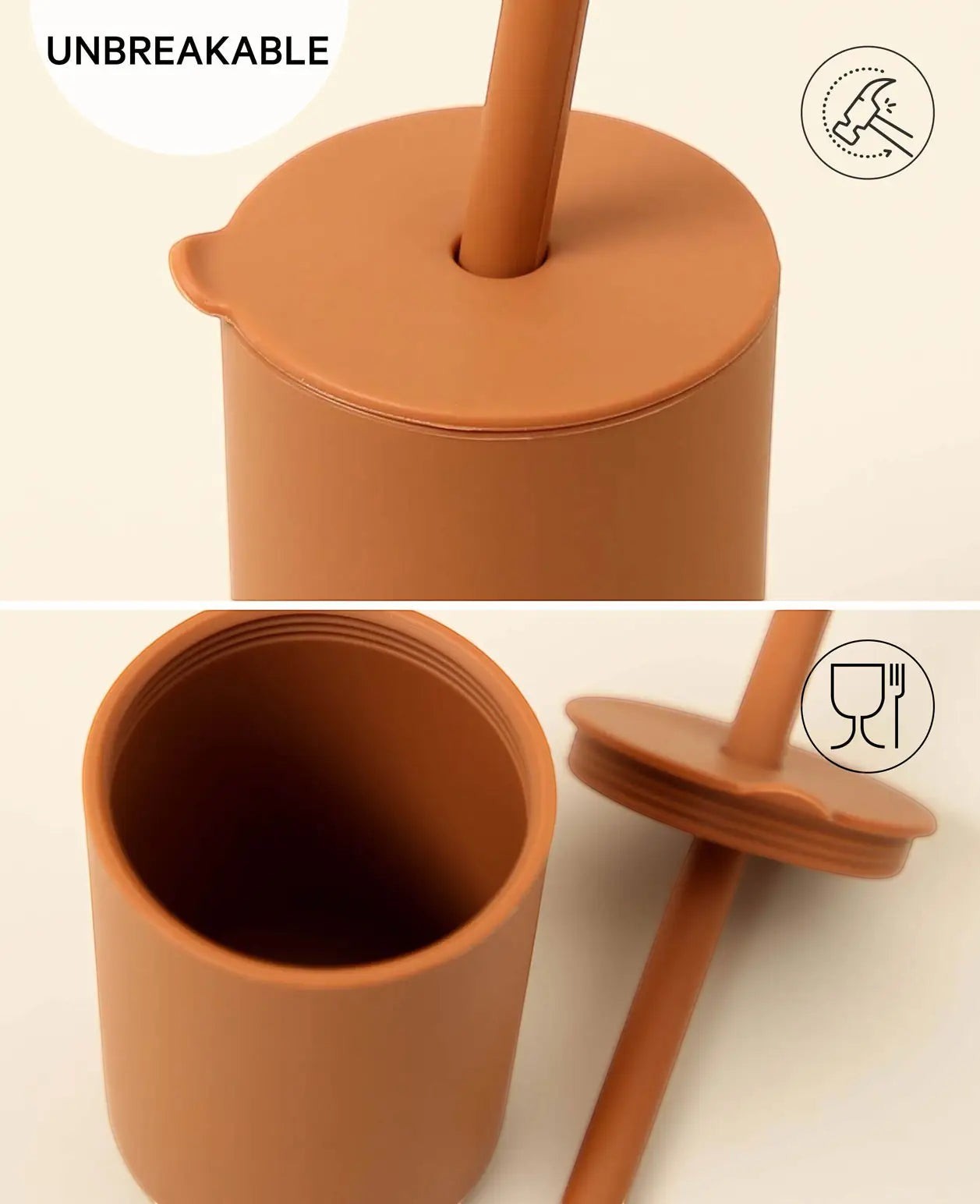 Trinkbecher mit Strohhalm für Kinder in rostrot aus Silikon, 200 ml