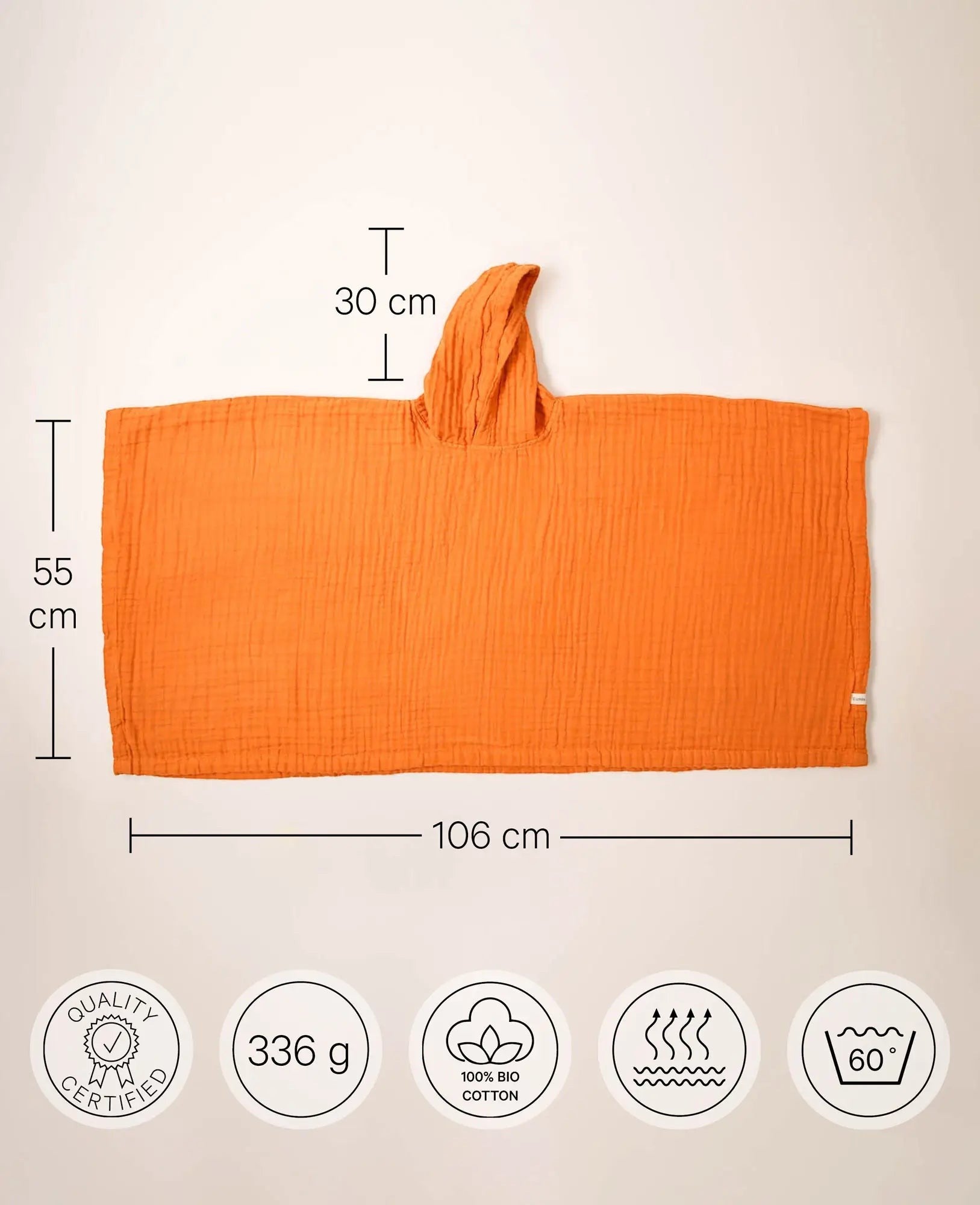 Poncho "Lilo" aus 100% Bio Baumwolle-Musselin in Orange für Kinder im Alter von 5-6 Jahren