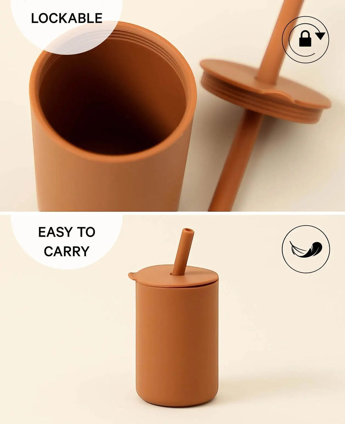 Trinkbecher mit Strohhalm für Kinder in rostrot aus Silikon, 200 ml