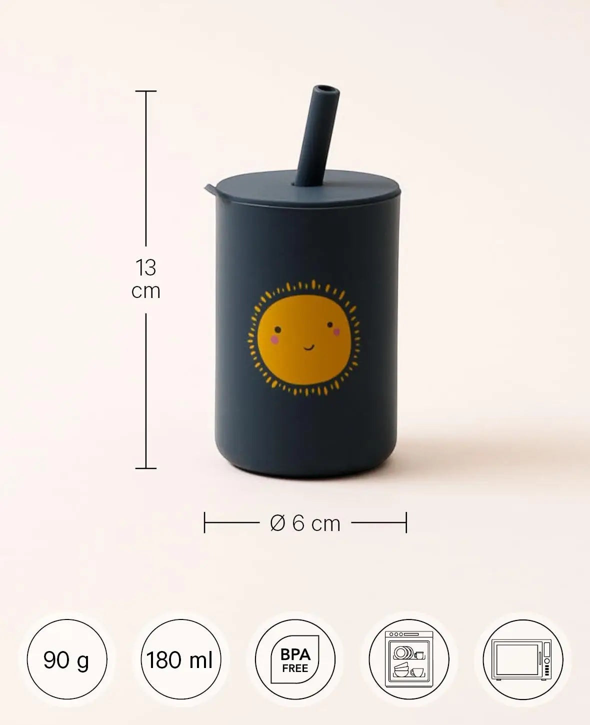 Kinder Trinkbecher "The Mini Sippi" mit Strohhalm und Sonnen Aufdruck, aus Silikon in Blau, 180 ml