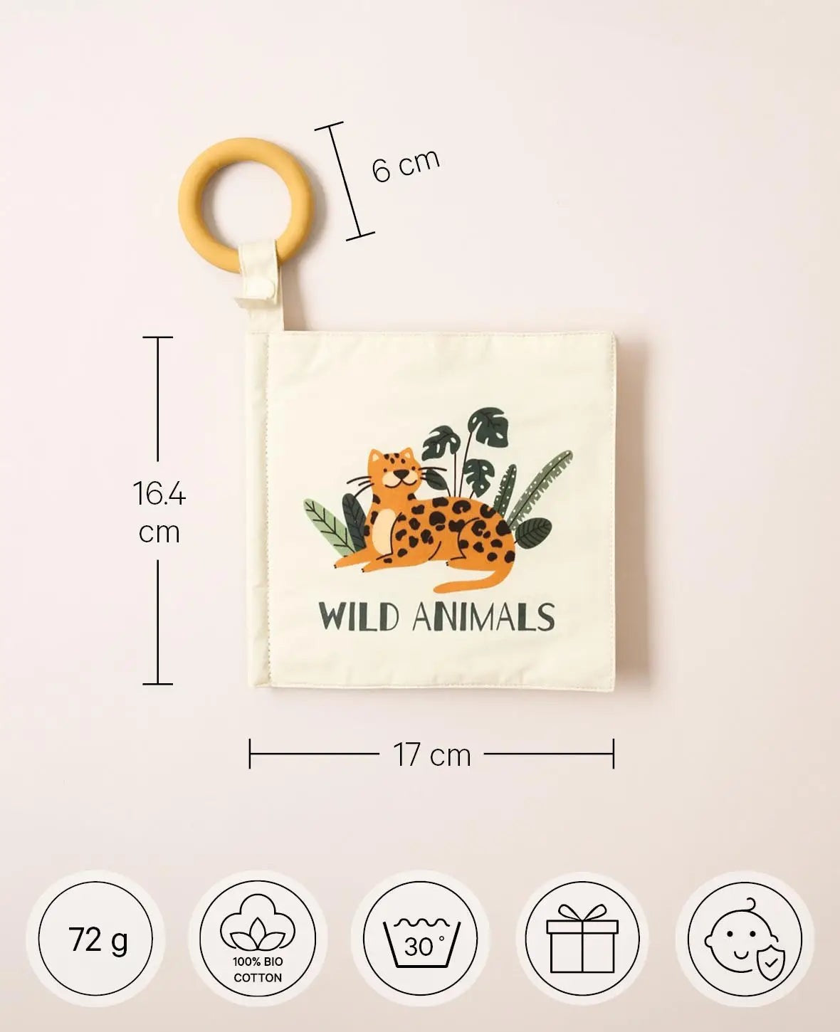 Kinderstoffbuch / Fühlbuch "Wild Animals", mit Silikonbefestigungsring