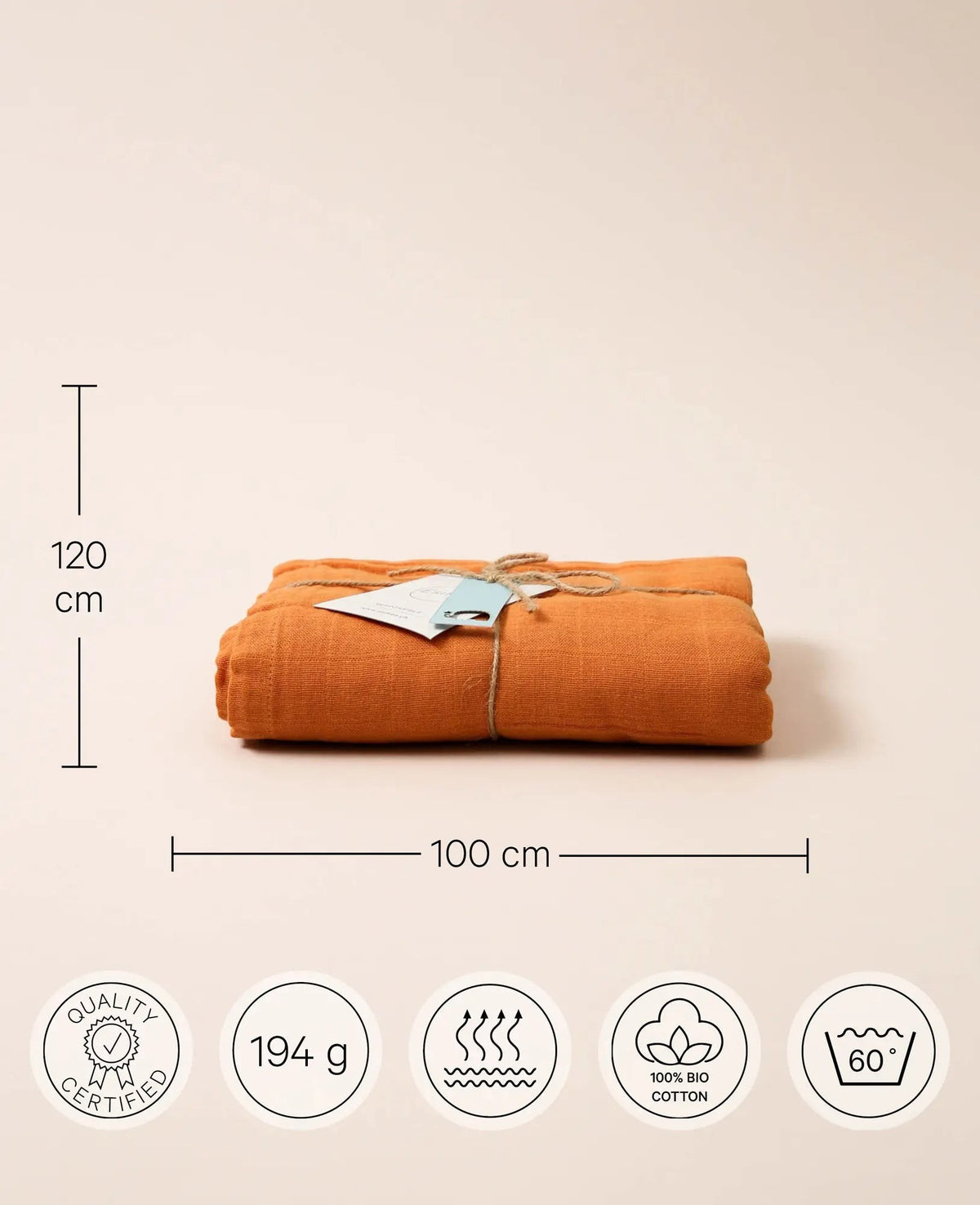 Musselin Tuch / Mulltuch aus 100% Bio Baumwolle als Nuscheli für Babys oder als Mode- und Dekoaccessoire in Dusty Orange, 120 x 100 cm