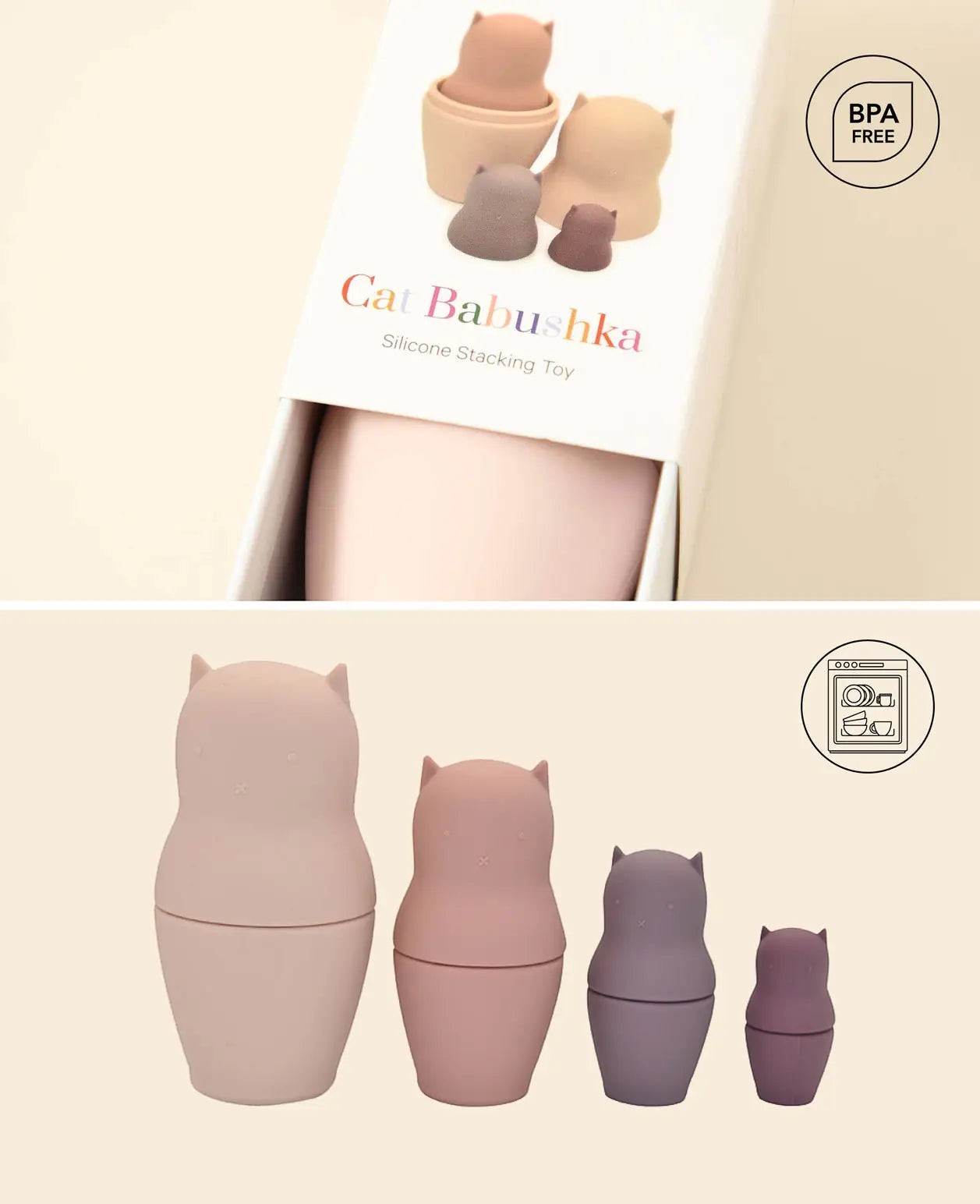 Vierteilige Katzen-Babuschka aus Silikon in rosa-/Lilatönen ab 6 Monaten