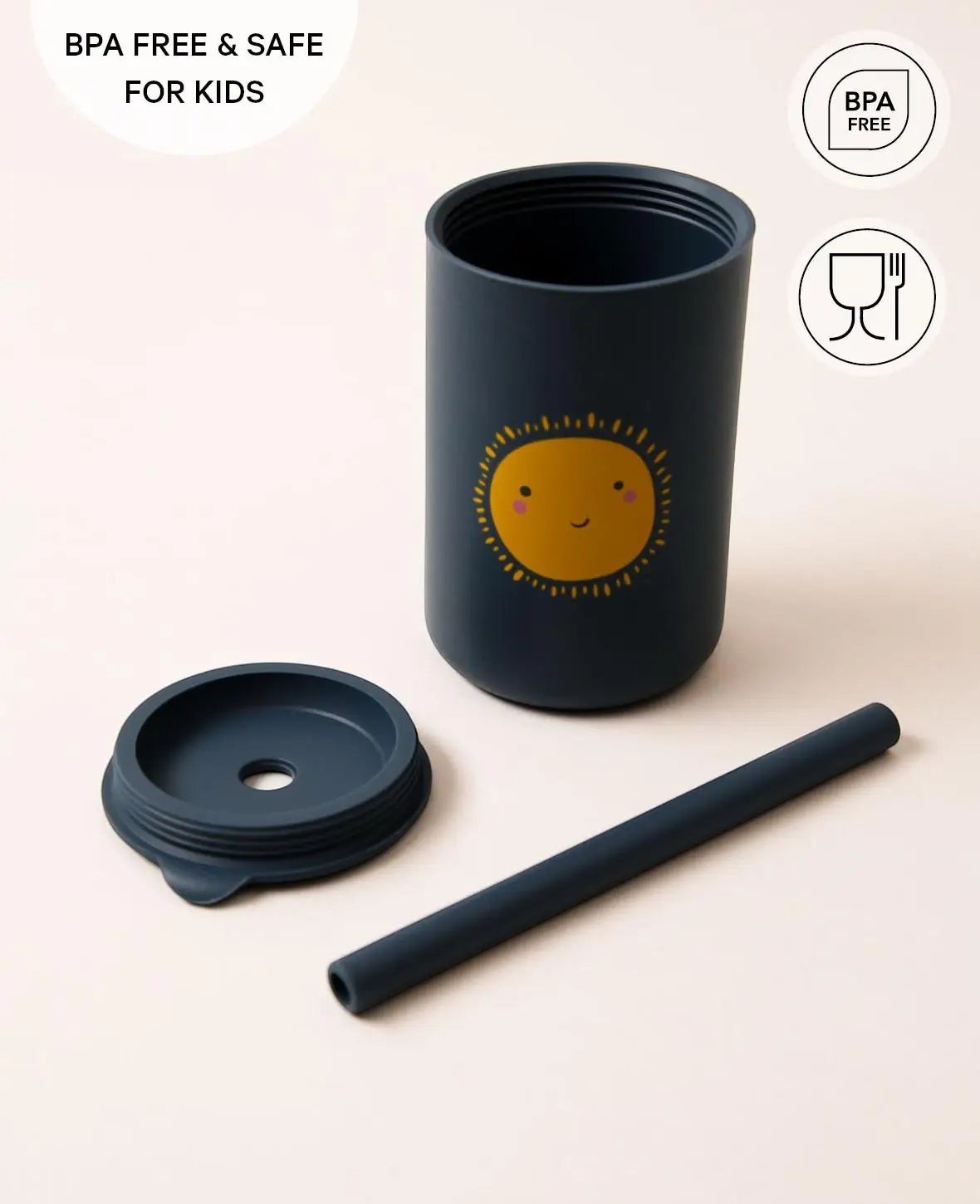 Kinder Trinkbecher "The Mini Sippi" mit Strohhalm und Sonnen Aufdruck, aus Silikon in Blau, 180 ml