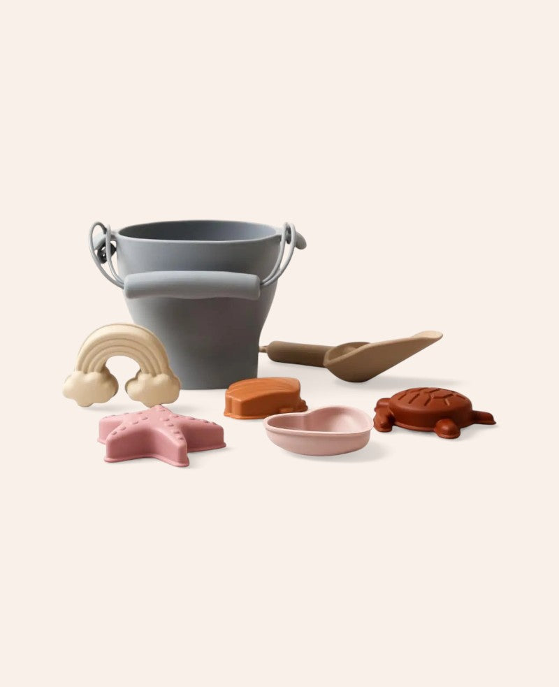 Sandspielzeug Set für Kinder, aus Silikon in Blau/Beige/Rosa, mit Kessel, Schaufel und Formen