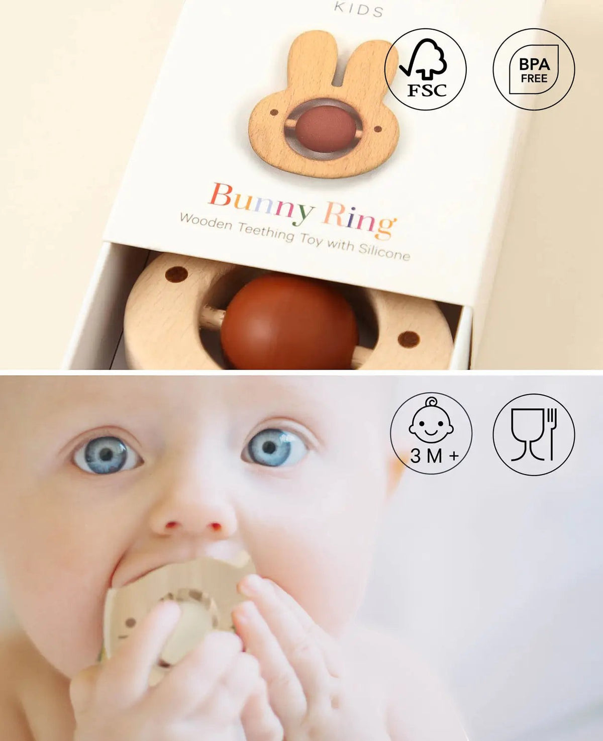 Hasen Beissring aus Buchenholz und Silikon für Kinder ab 3 Monate