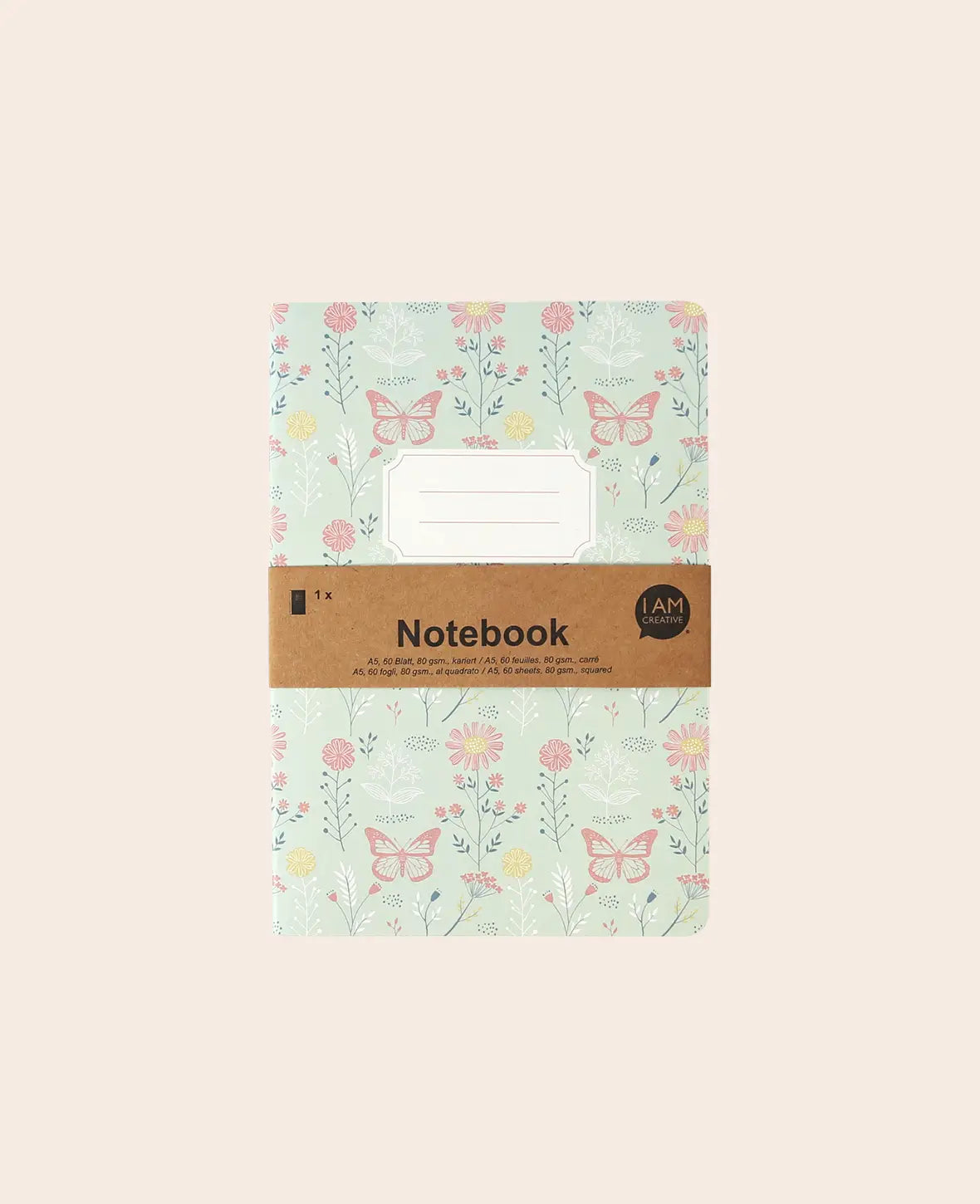 Notebook A5, Notizheft mit karierten Blättern in schlichtem floral gemusterten Design mit Etikett, Bunt, 80 g, 148 x 210 mm, 60 Blatt
