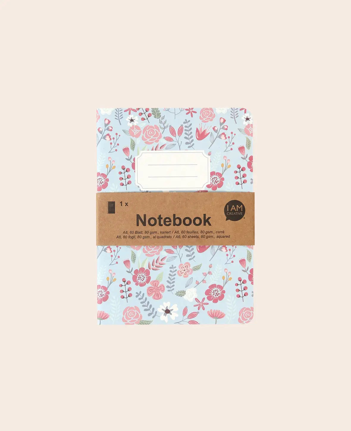 Notebook A6, Notizheft mit karierten Blättern in schickem floral gemusterten Design mit Etikett, Hellblau, 80 g, 105 x 145 mm, 60 Blatt