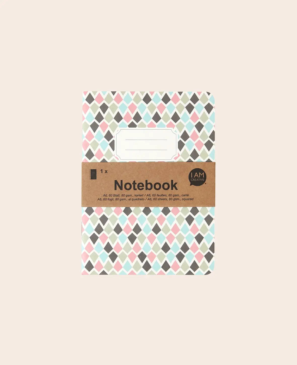Notebook A6, Notizheft mit karierten Blättern in edel gemusterten Karo Design mit Etikett, Bunt, 80 g, 105 x 145 mm, 60 Blatt