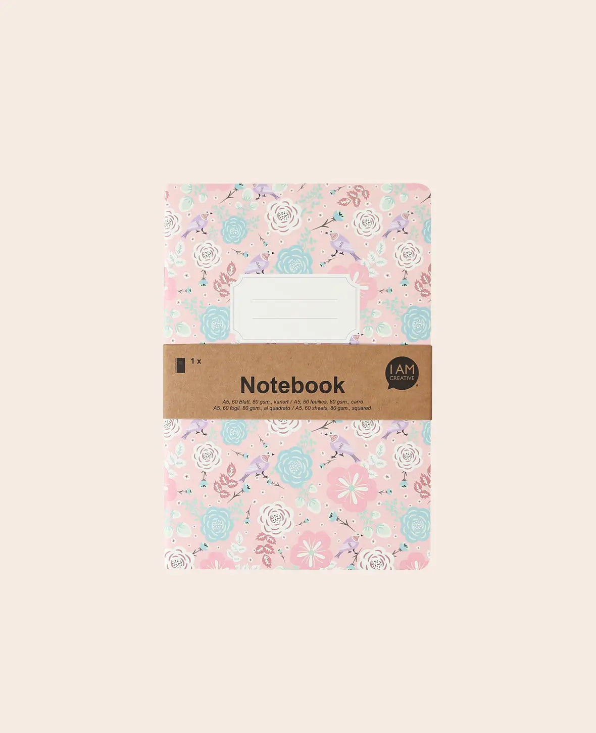 Notebook Rosa A5, Notizheft mit karierten Blättern in schickem Vogel und Blumen gemusterten Design mit Etikett, Hellblau, 80 g, 105 x 145 mm, 60 Blatt