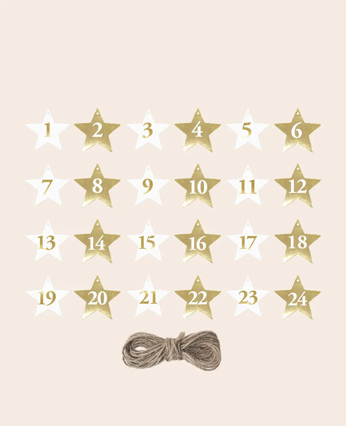 Adventskalender Tags mit 6 m Schnur, Weiss & Gold, ø 6 cm, 24 Stk.