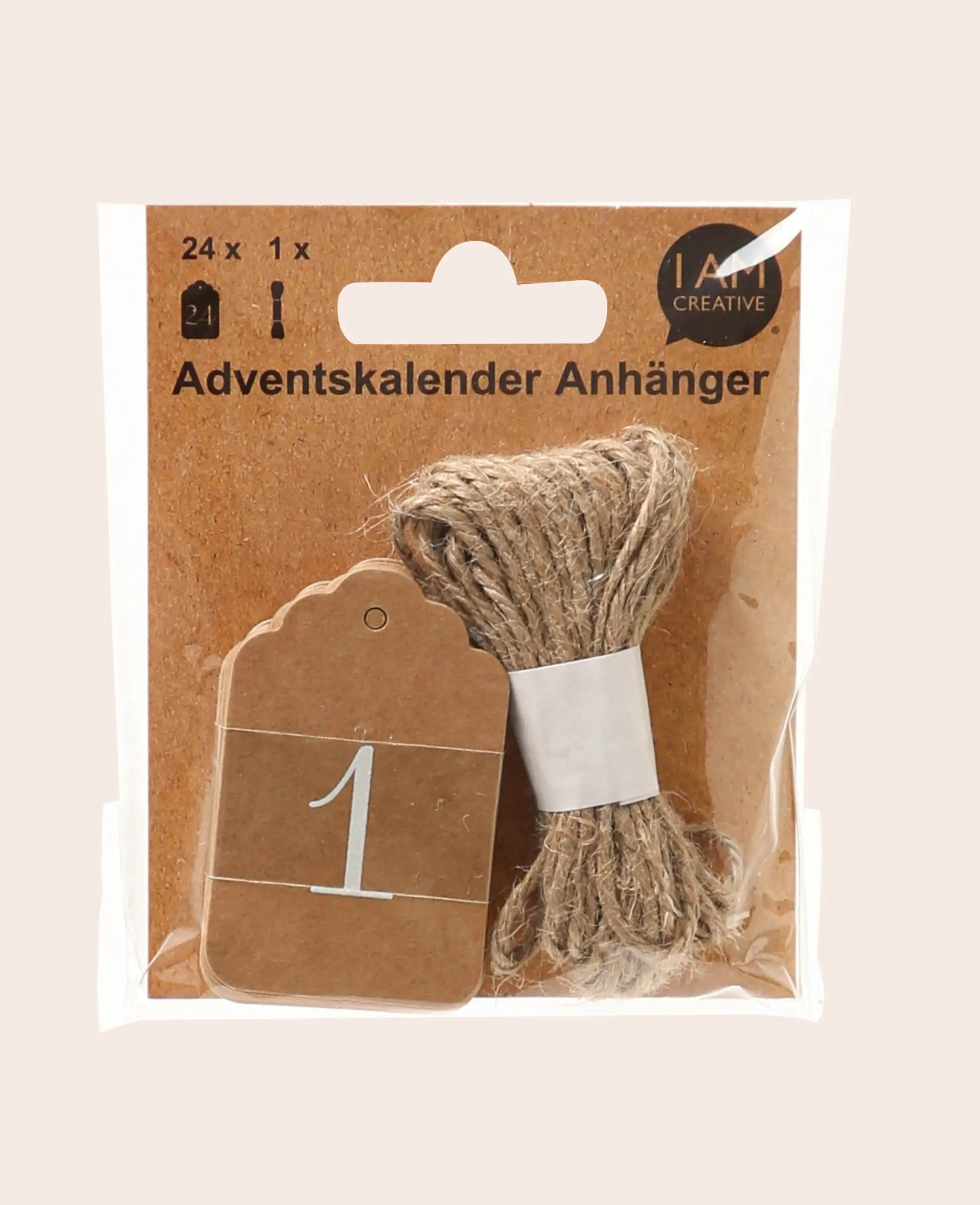 Adventskalender Tags mit 6 m Schnur, Braun & Weiss, ø 6 cm, 24 Stk.