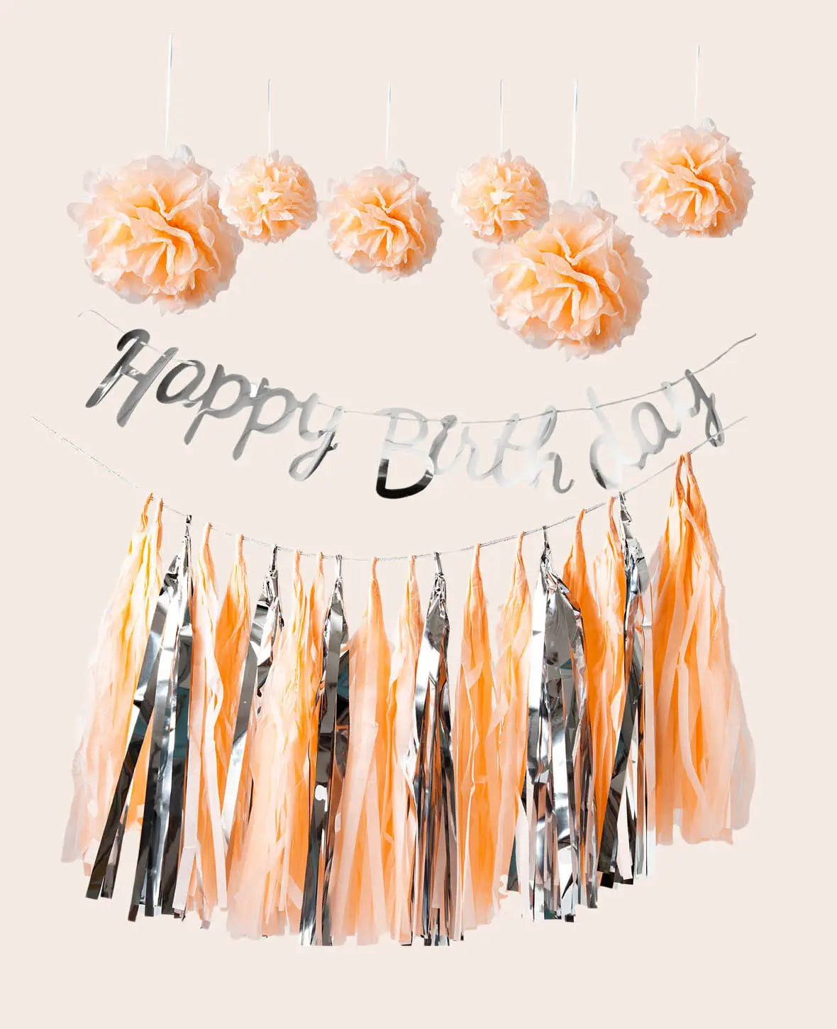 Party Dekorationsset mit Pompons, Happy Birthday Girlande und Quastengirlande, Lachs/Silber