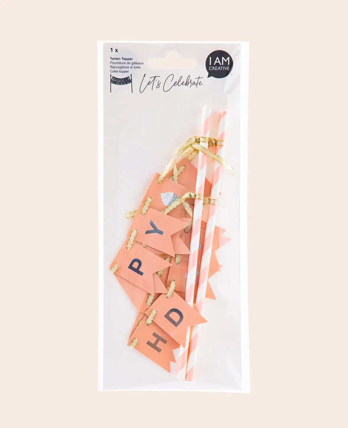 Torten Topper "Happy Birthday", Lachs/Silber