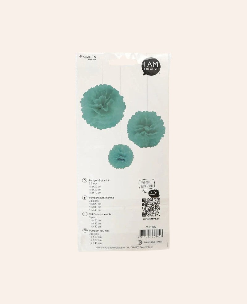 Let’s Celebrate Pompon Set aus Seidenpapier inkl. Schnur, Mint, ø 20 bis 40 cm, 3 Stk.