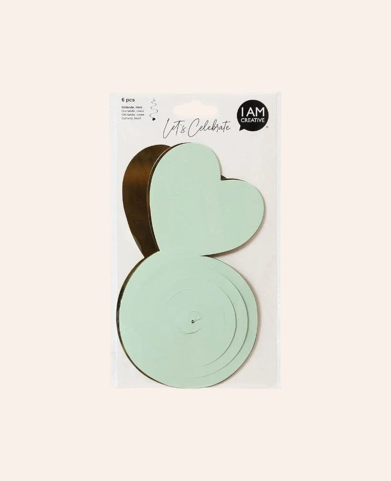 Girlande Herz, Mint / Gold, 70 cm, 6 Stk.