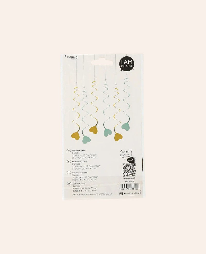 Girlande Herz, Mint / Gold, 70 cm, 6 Stk.