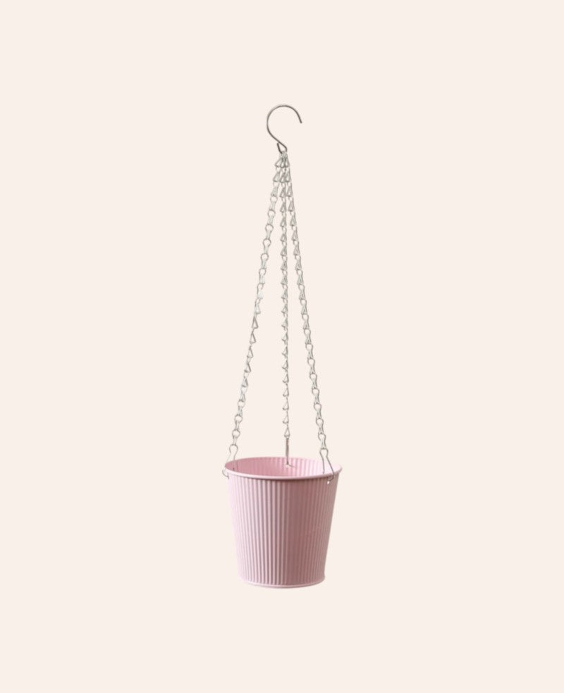 Matt-rosa Hängetopf mit silberner Kette, D15.5 x H15 cm
