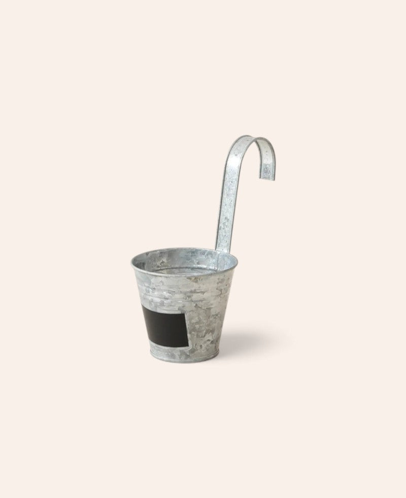Silberner Blumentopf mit Bügelhalter aus Blech mit Tafel, Ø12 x 23 cm