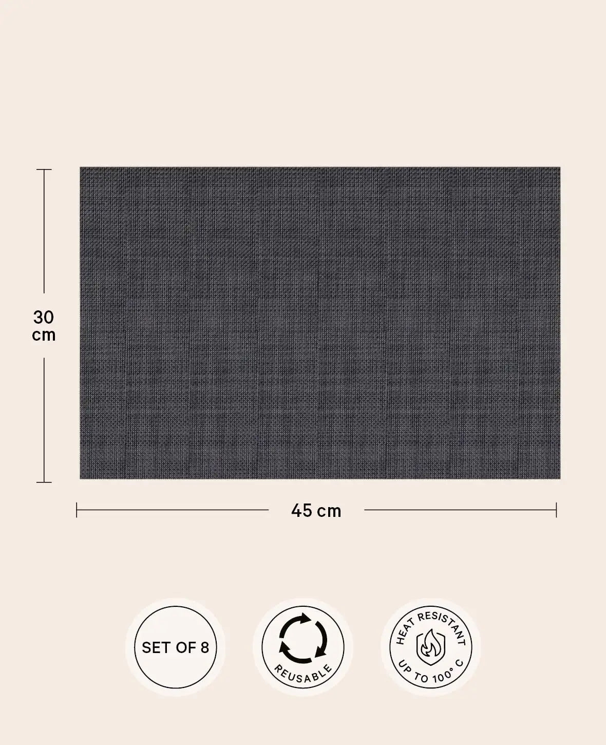 Hitzebeständige, abwaschbare Tischsets aus PVC, 45x30 cm - Schwarz, 8er Set