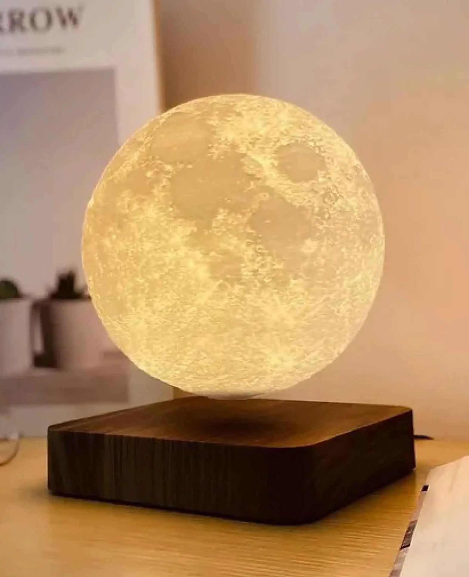 Schwebende LED Mond Lampe mit Holzsockel, Braun, Ø 15cm
