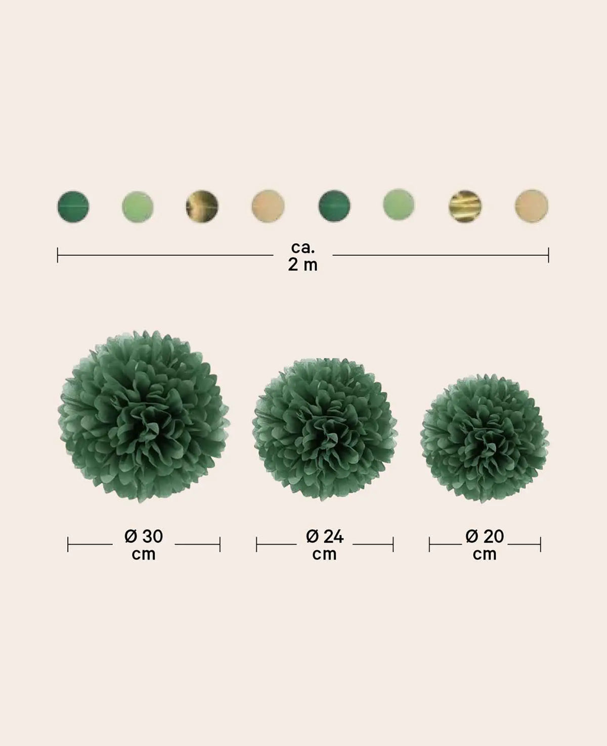 Papier Pompon's Deko Kreis Girlande Party - Grün / Braun / Beige, 15-tlg.