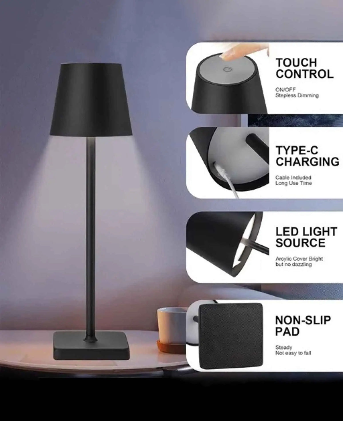 Portable, aufladbare Schreibtisch LED Lampe mit Touch Steuerung, 26cm - Schwarz
