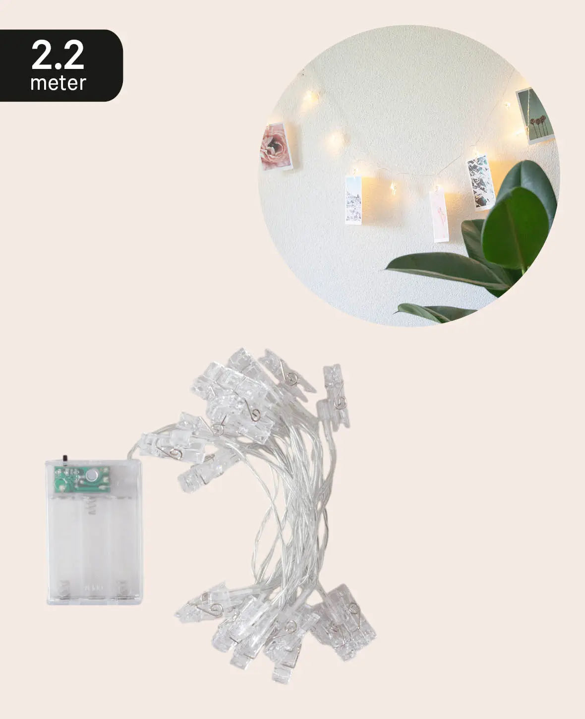 LED Lichterkette mit Foto Clips / Klammern (Batteriebetrieben) - Warmweiss, 2.2 m
