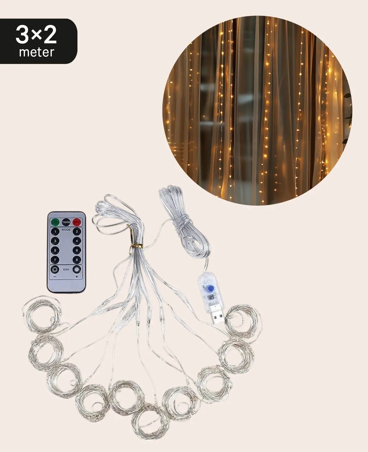 LED's Deko USB Draht Lichterkette Vorhang Beleuchtung - Warmweiss, 3 × 2m