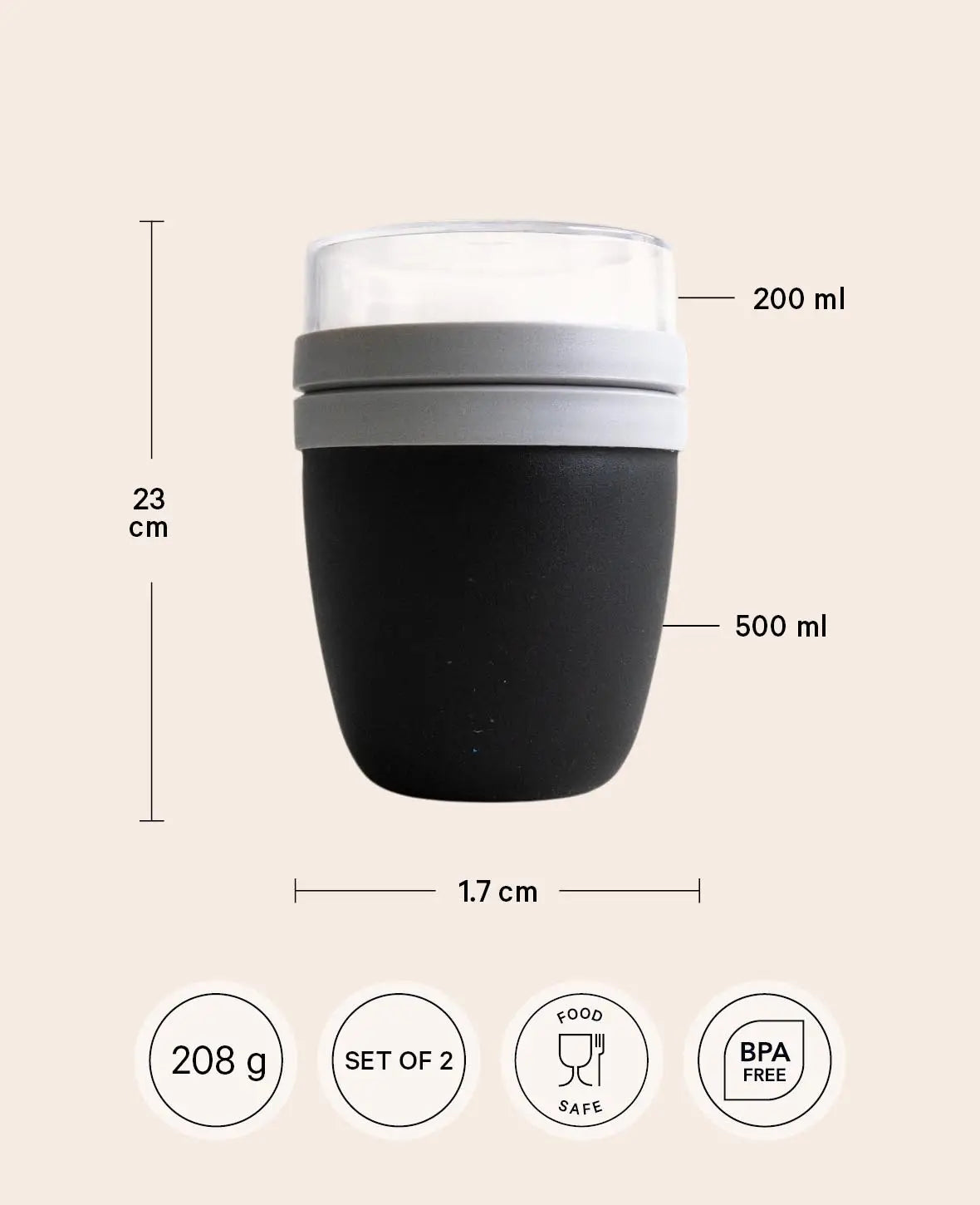(2er Set) 700ml Lunch Pot mit 2 Essens Behälter / Müsli / Joghurt / Suppe - Blau / Schwarz