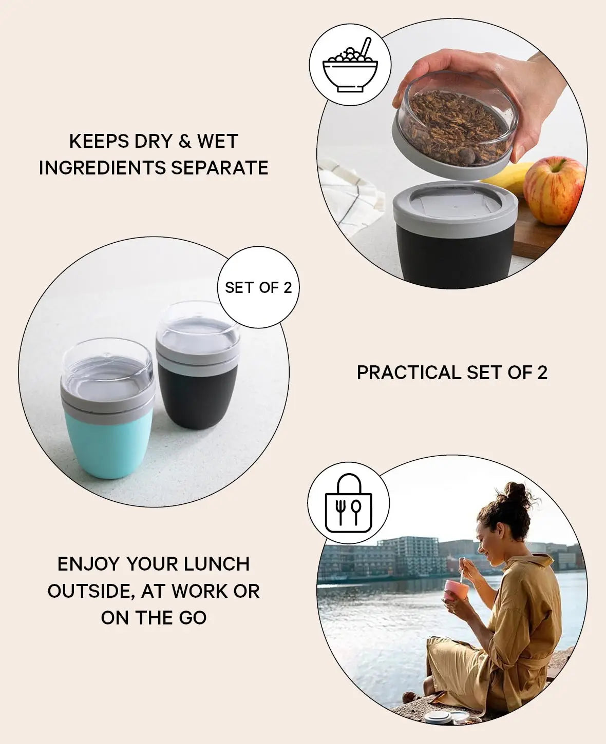 (2er Set) 700ml Lunch Pot mit 2 Essens Behälter / Müsli / Joghurt / Suppe - Blau / Schwarz