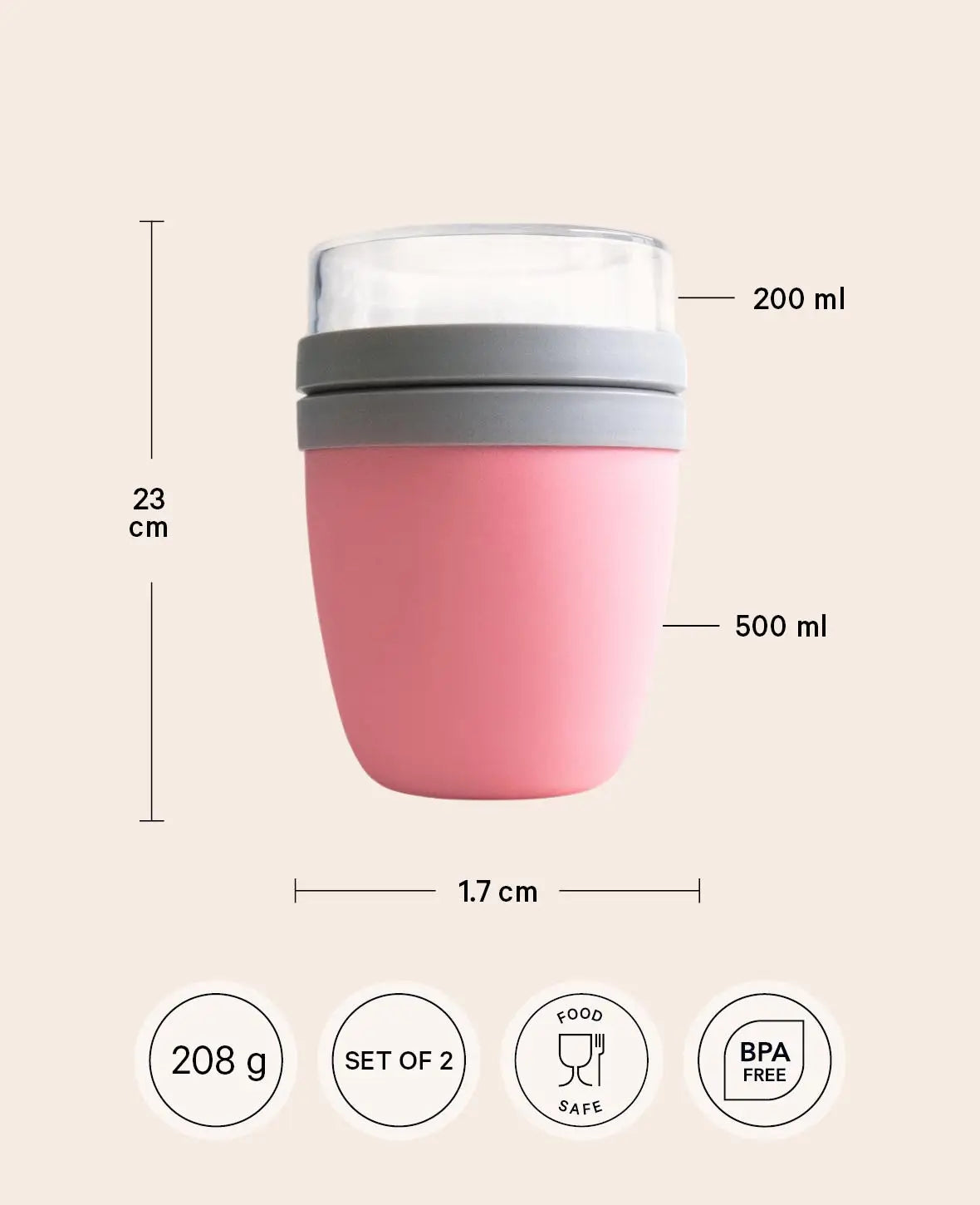 Müsli / Lunch Pot mit 2 Behältern, 700ml, Weiss / Rosa, 2 Stück