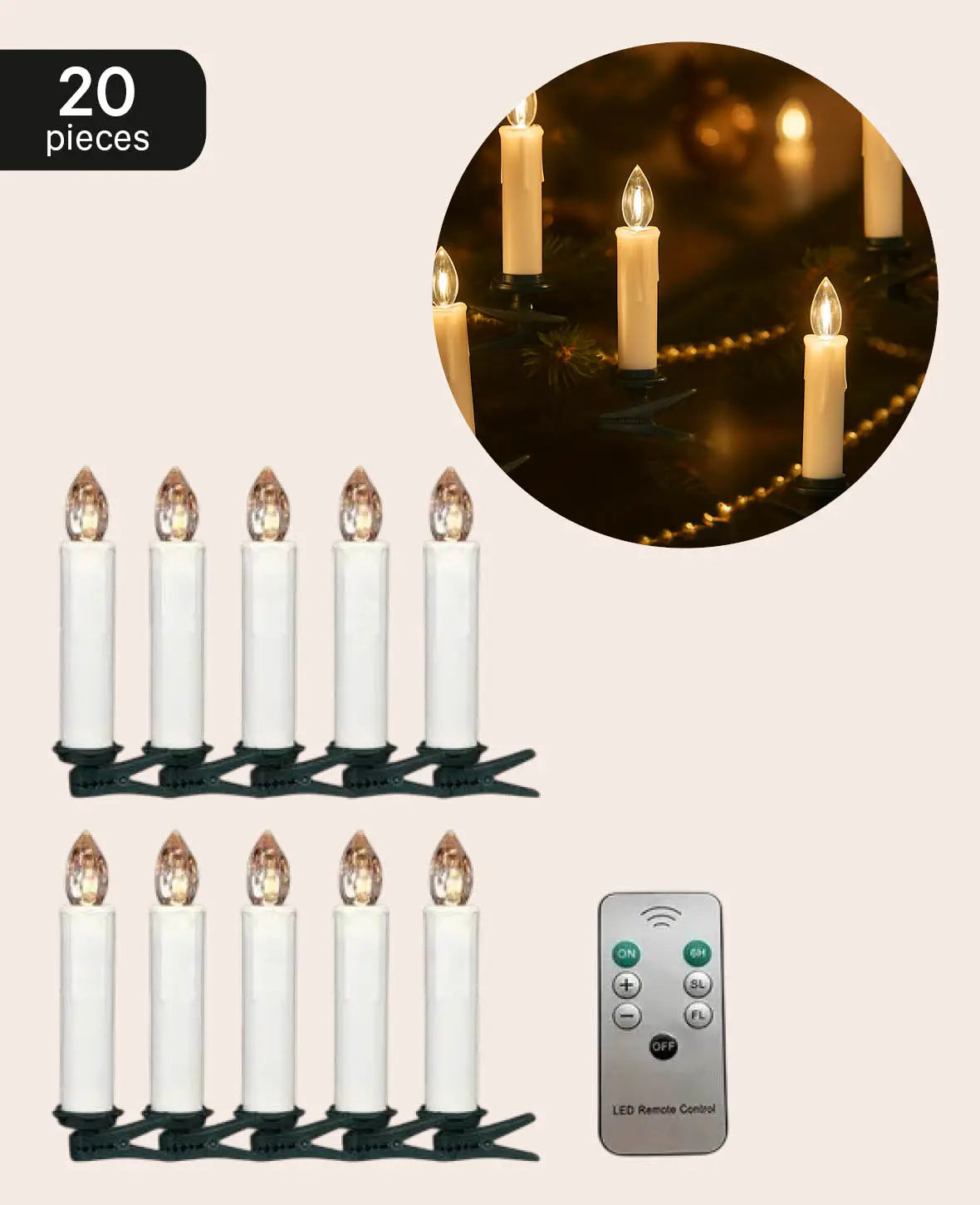 LED Weihnachtsbaum / Christbaum Kerzen mit Clip, Warmweiss, 10cm, 20 Stk.