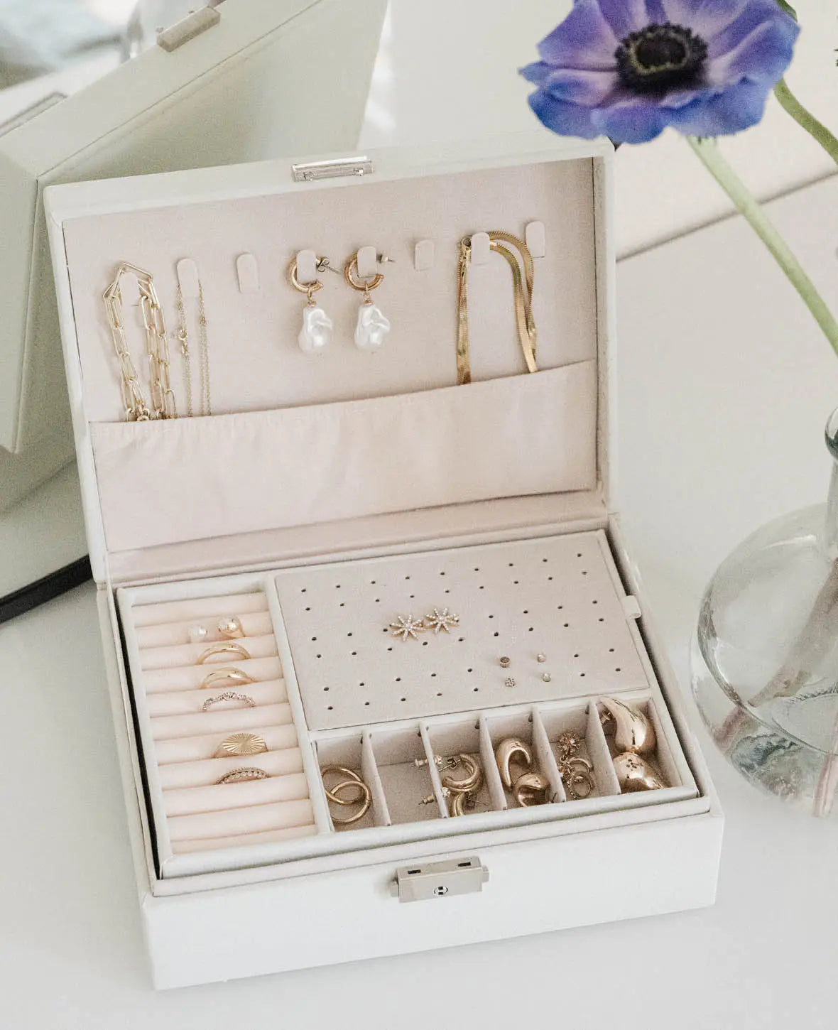 Leder Schmuckschatulle mit Schloss, Aufbewahrungsbox Organizer, Ivory