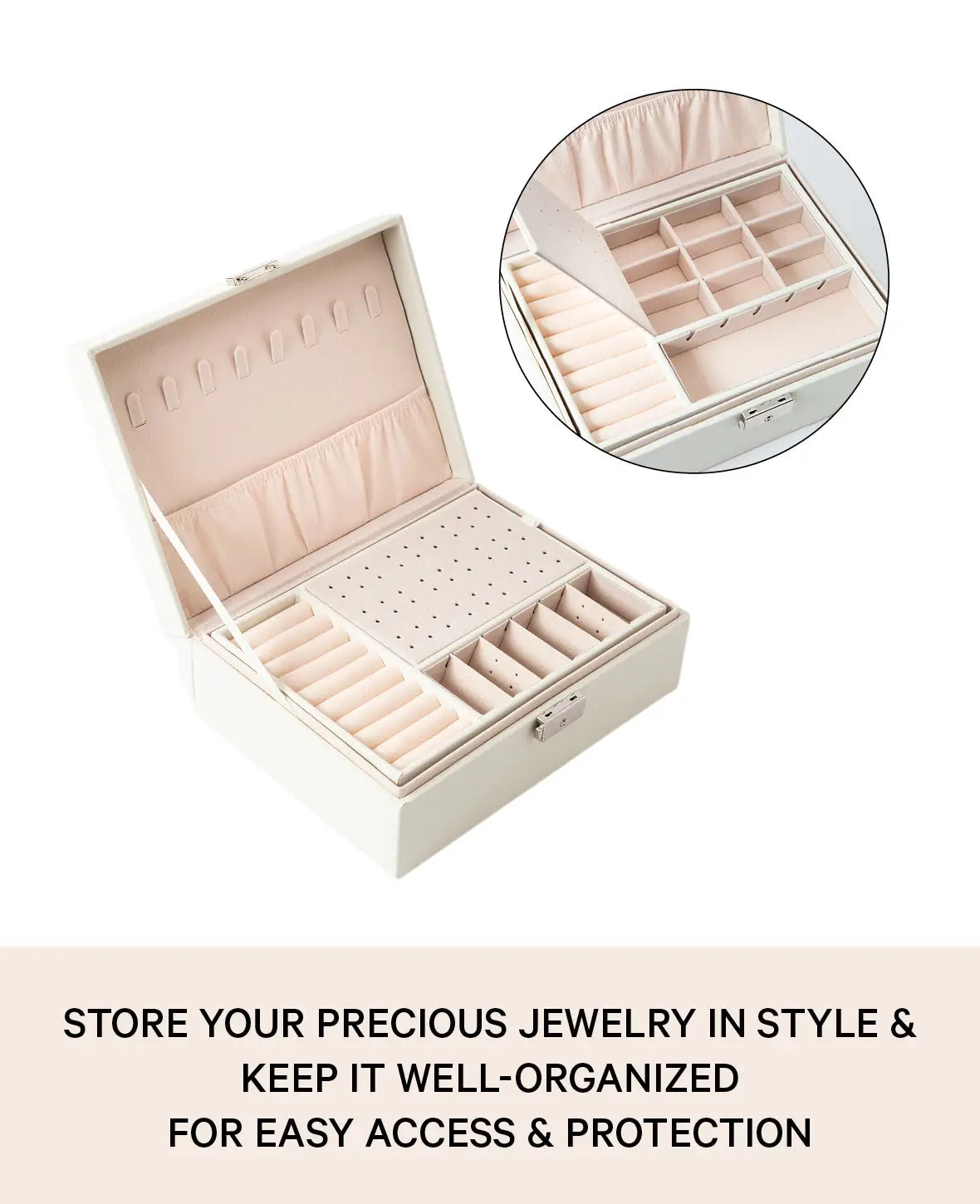 Leder Schmuckschatulle mit Schloss, Aufbewahrungsbox Organizer, Ivory