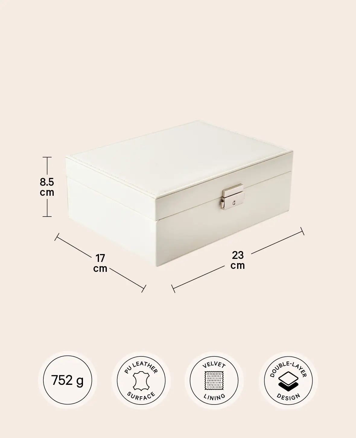 Leder Schmuckschatulle mit Schloss, Aufbewahrungsbox Organizer, Ivory