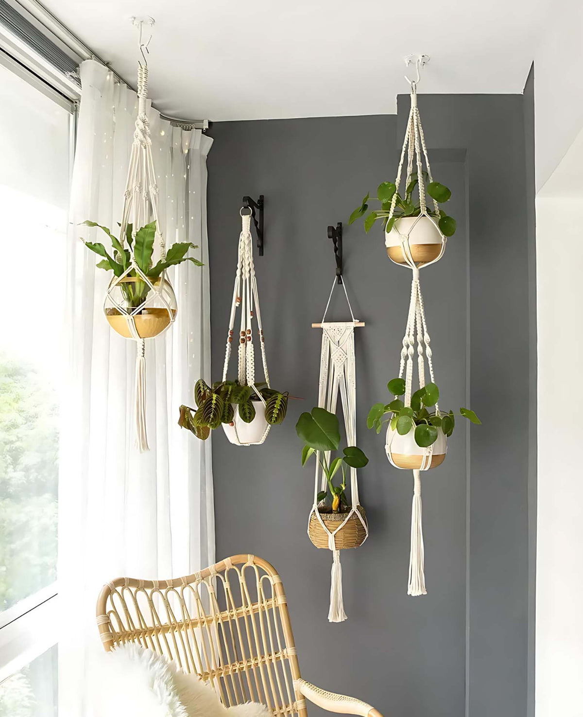 Boho Makramee Blumenampel 4er Set – Handgeknüpft