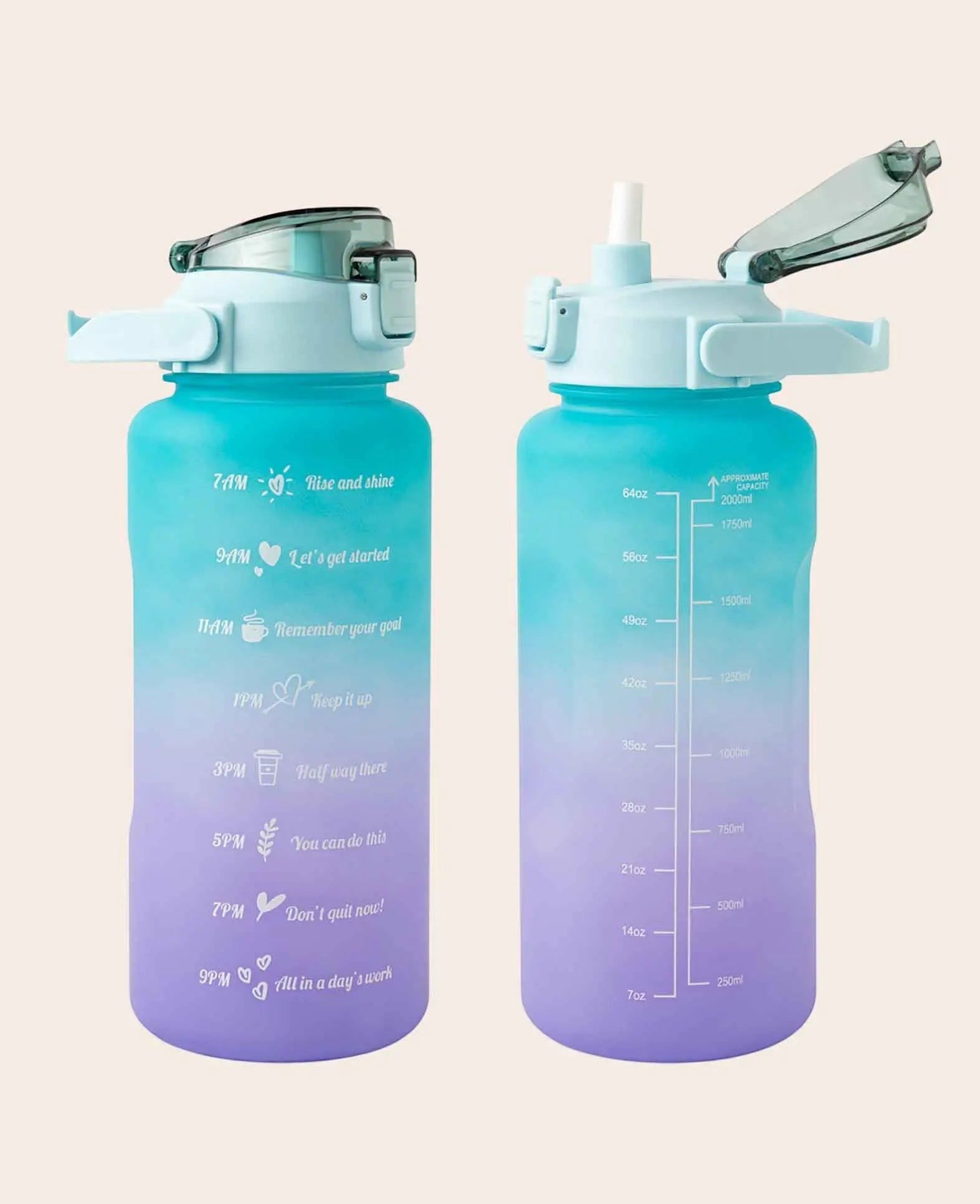 (2L) Tragbare Fitness Trinkflasche mit Zeit Markierung, Grün