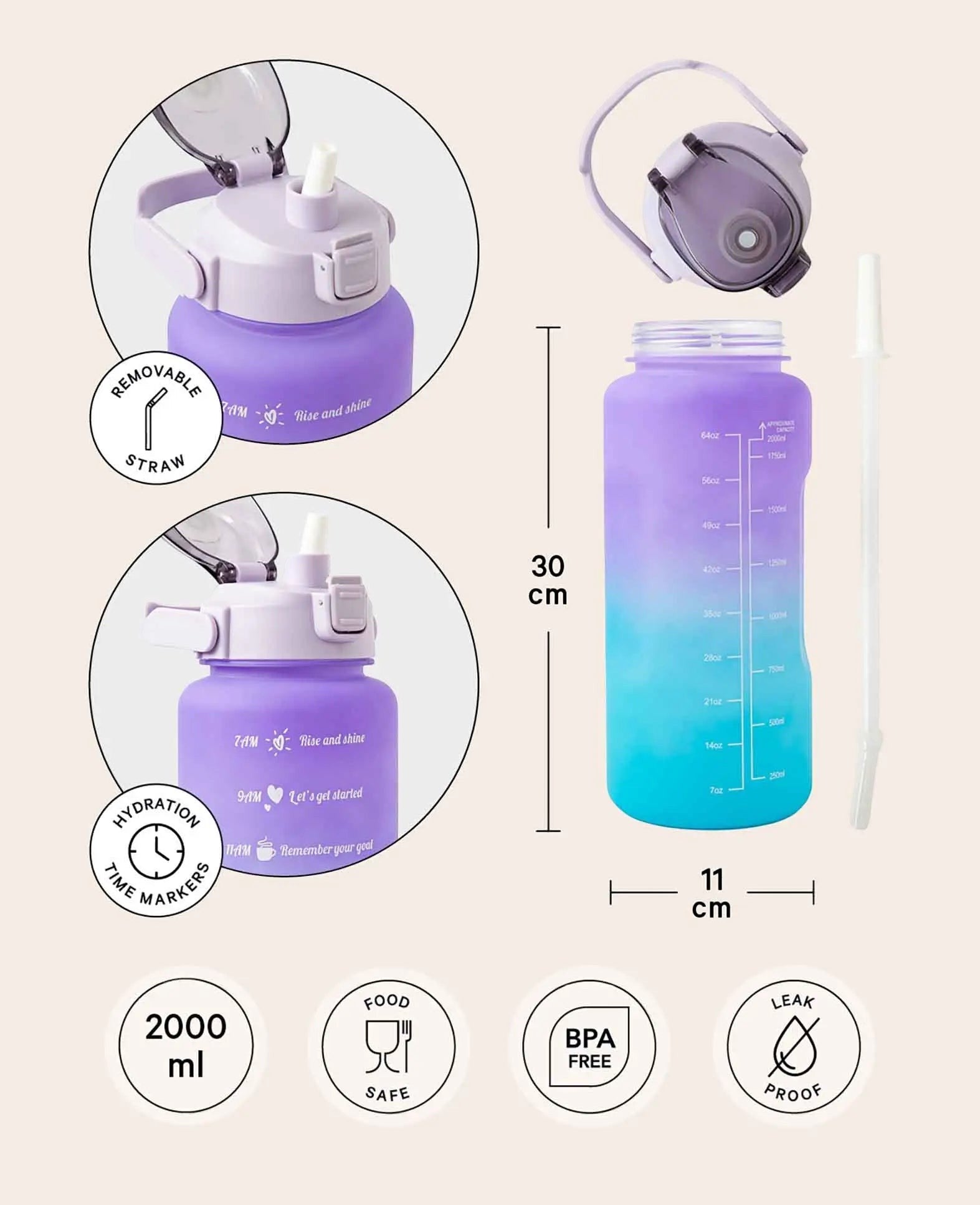 (2L) Tragbare Fitness Trinkflasche mit Zeit Markierung, Lila