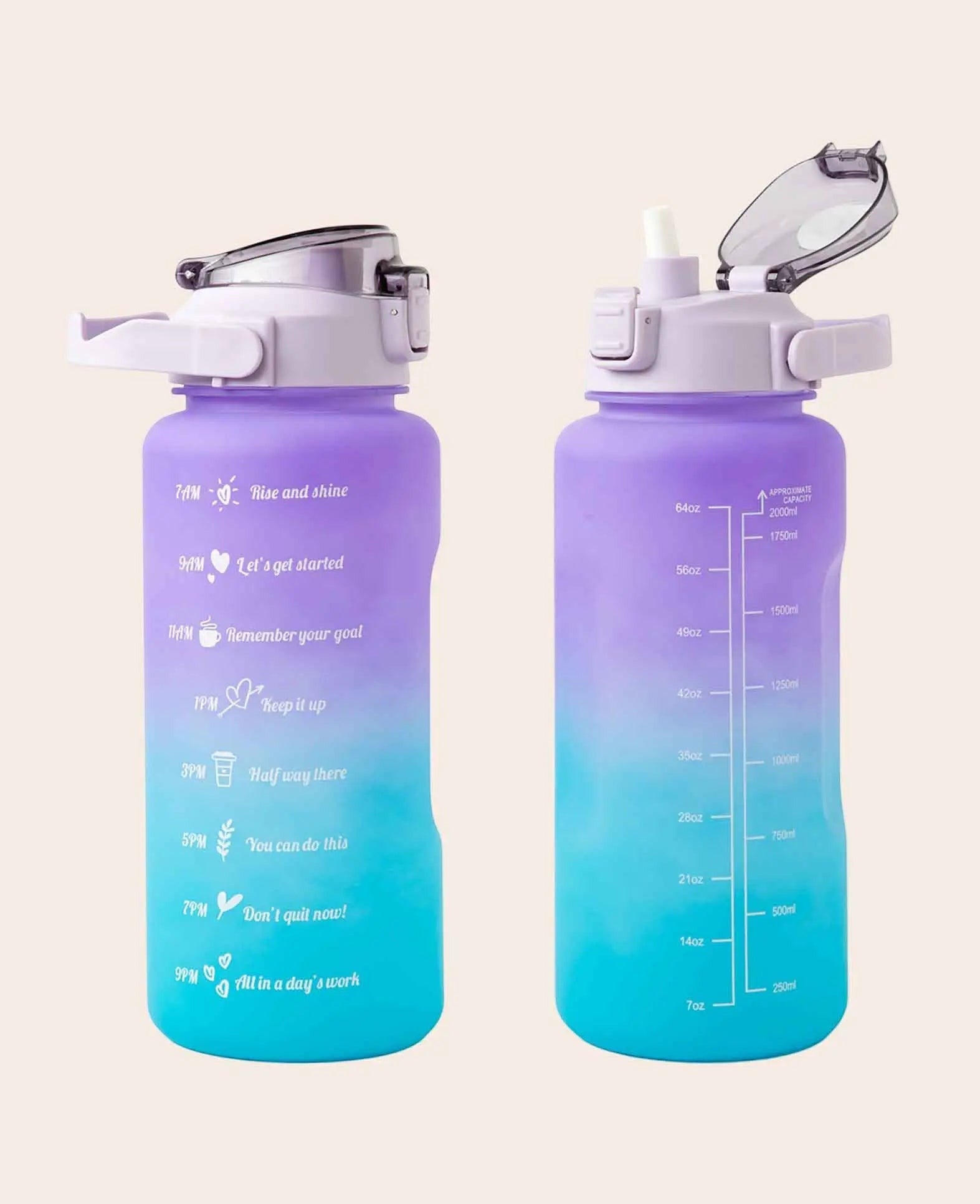 (2L) Tragbare Fitness Trinkflasche mit Zeit Markierung, Lila