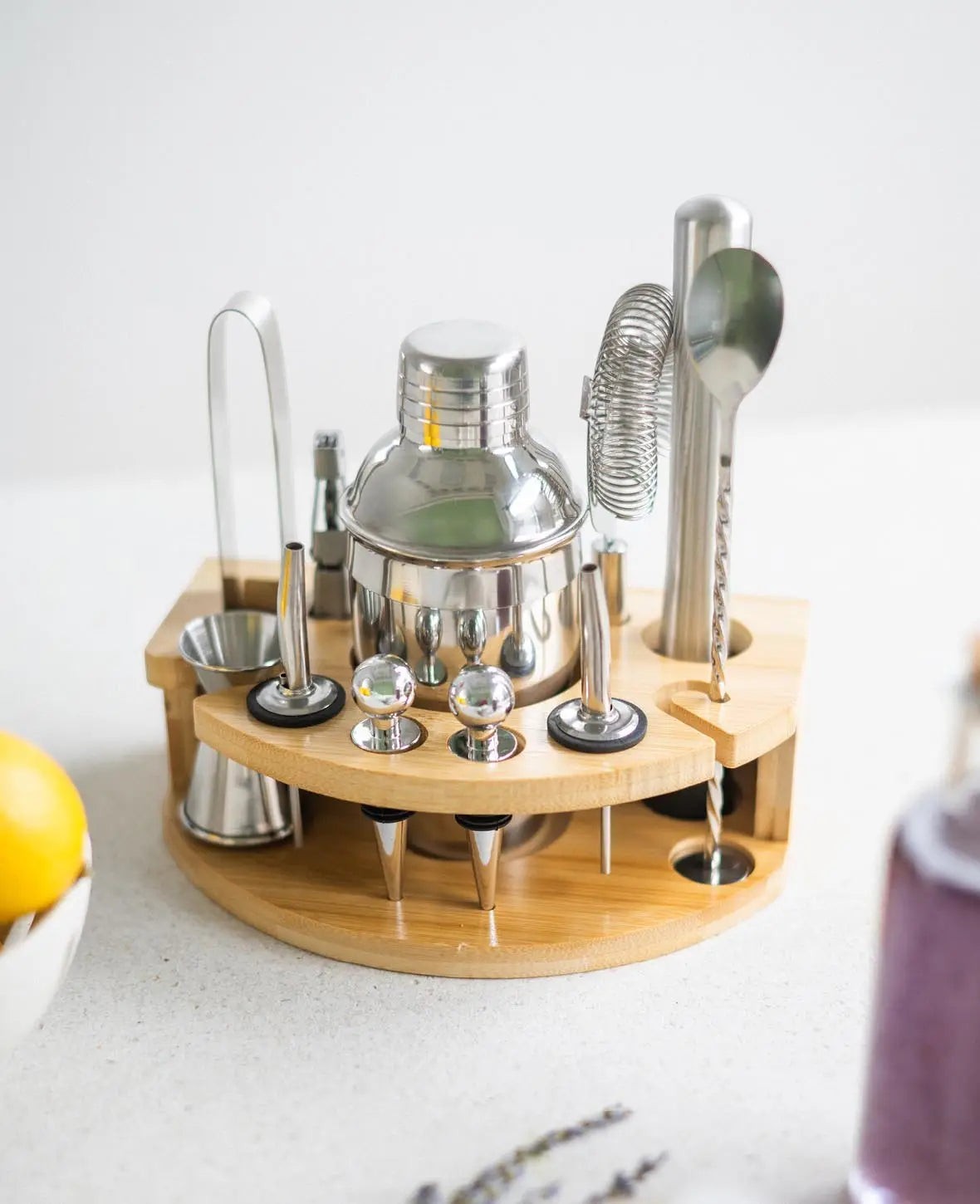 12-teiliges Cocktail Mixer / Bar Shaker Set aus Edelstahl inkl. Bambus Halterung / 350ml Silber